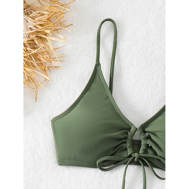 Olive Green Ruched-Front Bikini Set with High-Cut Bottoms view 4
