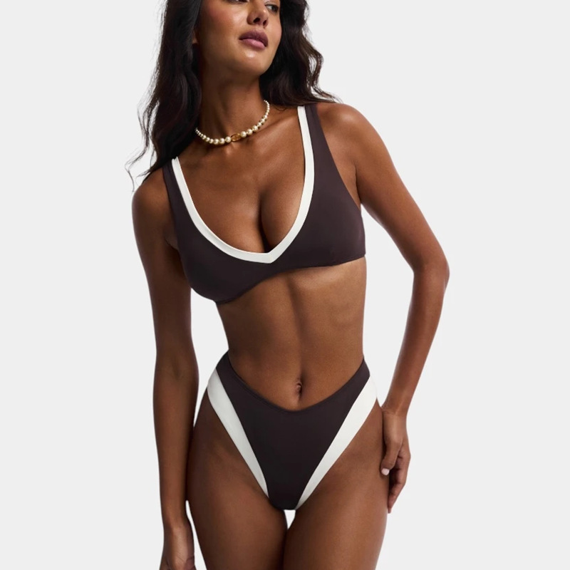 Two-Piece Deep V Bikini Set with Open Back and High-Cut Bottom
