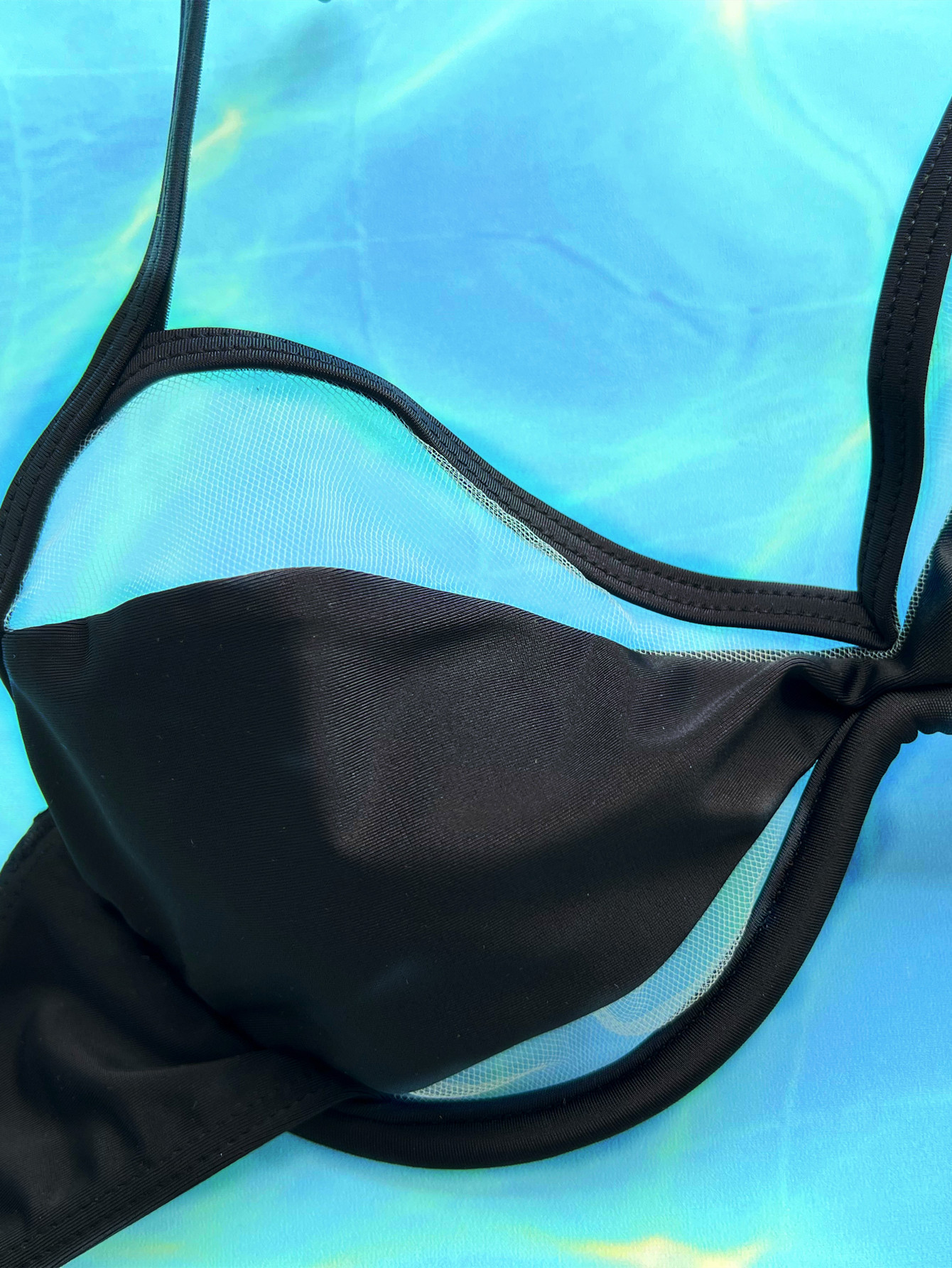 Black Halter Bikini Set with Sheer Mesh Cutouts and High-Cut Bottom view 4