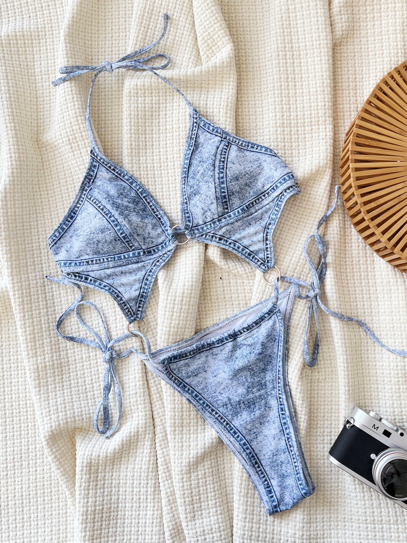 Blue Denim-Print Halter Triangle Bikini Set with O-Ring Hardware and High-Cut Bottom