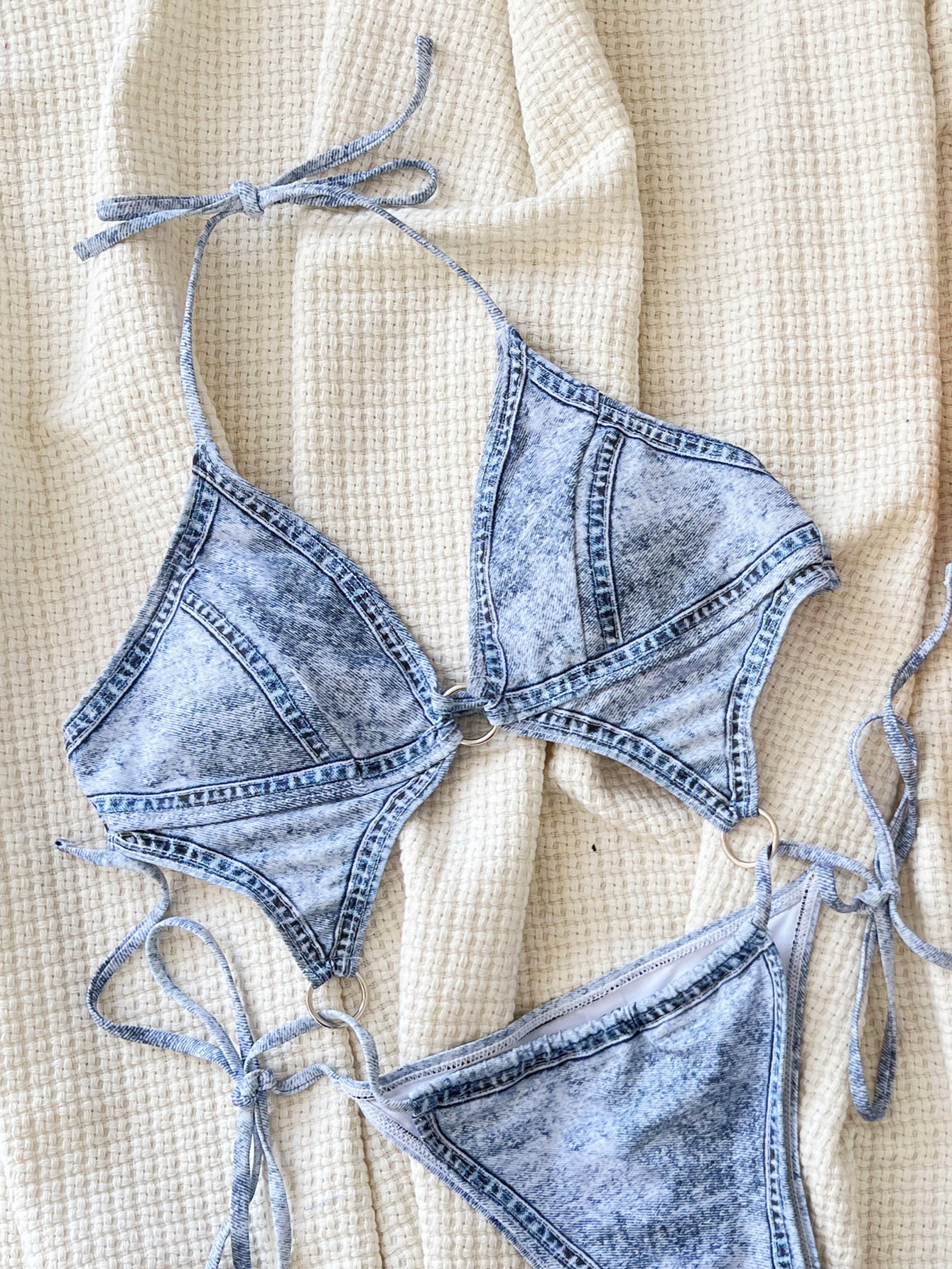 Blue Denim-Print Halter Triangle Bikini Set with O-Ring Hardware and High-Cut Bottom view 3