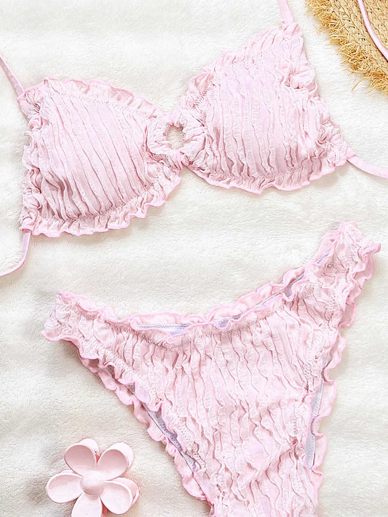 Ruffle-Trim Ribbed Bikini Set with Keyhole Bralette and Ruched Bottoms view 13