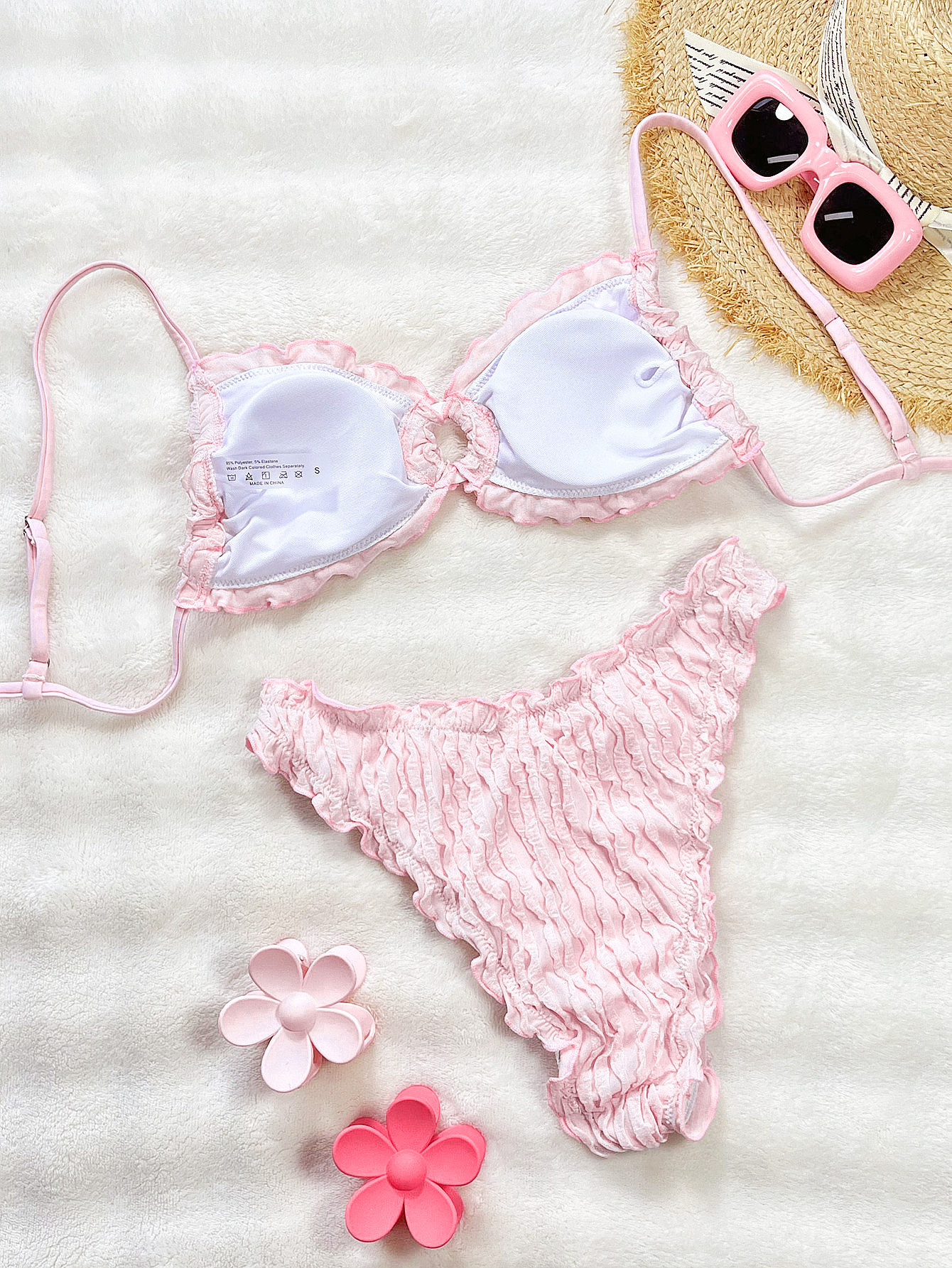 Ruffle-Trim Ribbed Bikini Set with Keyhole Bralette and Ruched Bottoms view 14