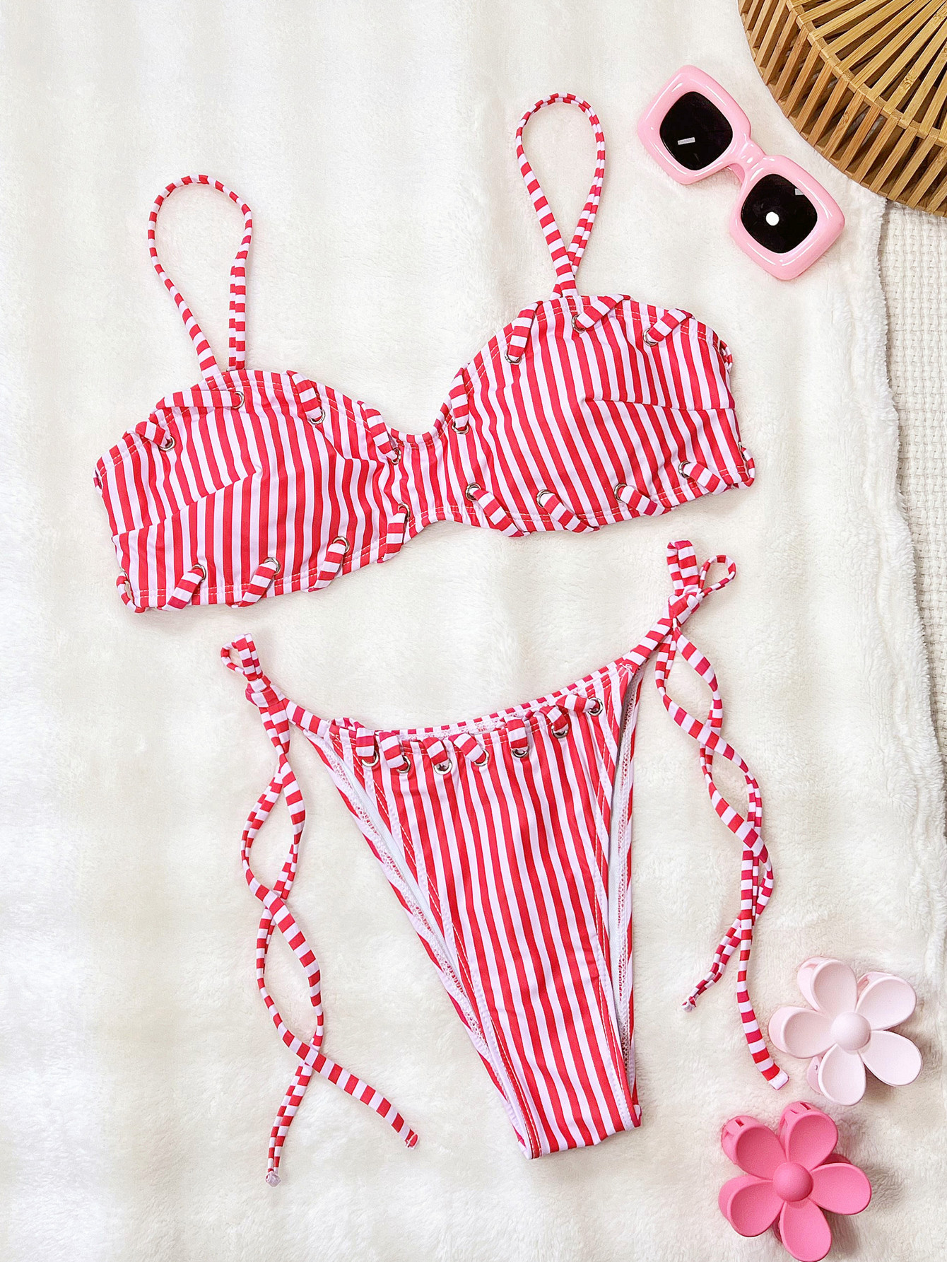 Rose-Red and White Striped Ruffle Grommet Bikini Set with High-Cut Tie-Side Bottoms