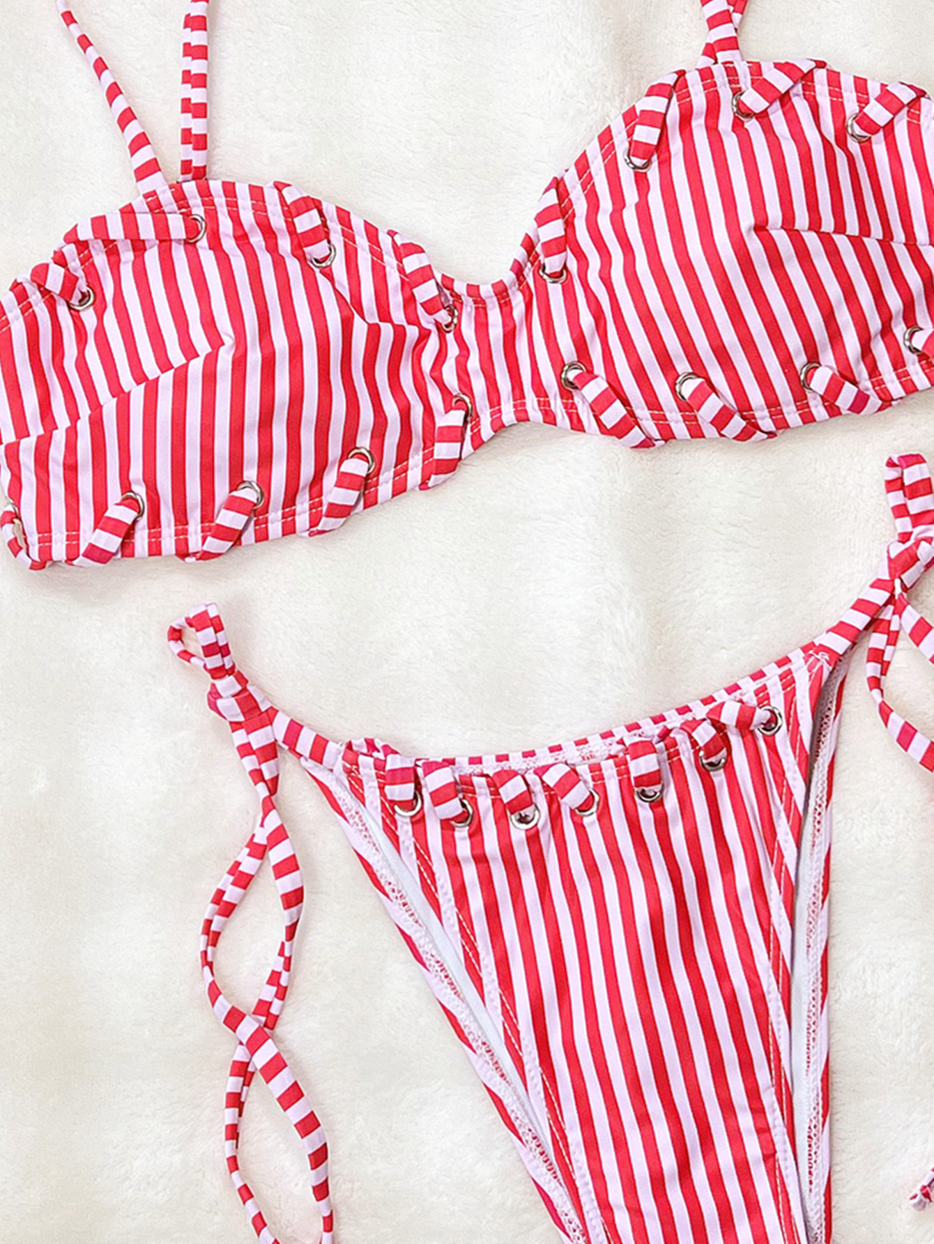 Rose-Red and White Striped Ruffle Grommet Bikini Set with High-Cut Tie-Side Bottoms view 3