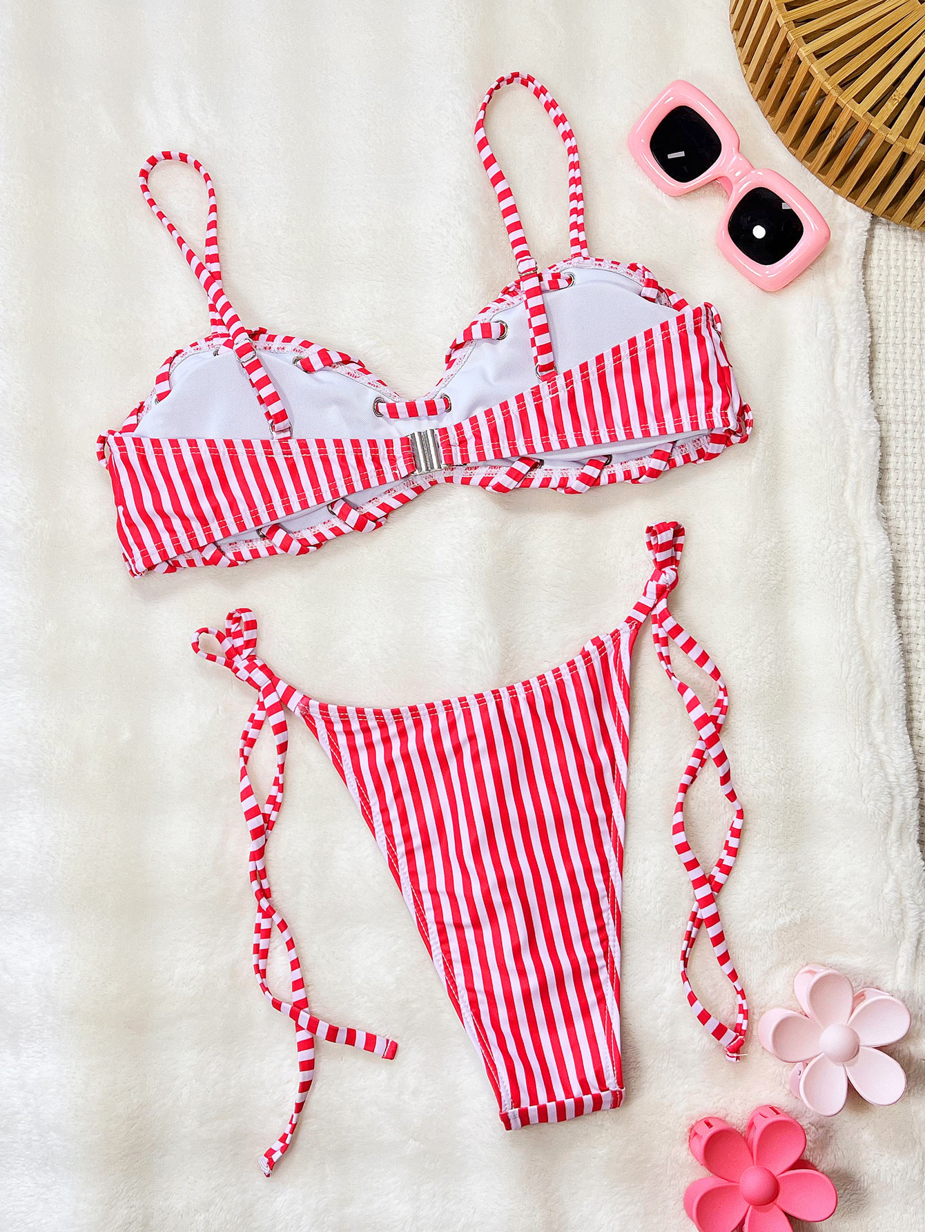 Rose-Red and White Striped Ruffle Grommet Bikini Set with High-Cut Tie-Side Bottoms view 4