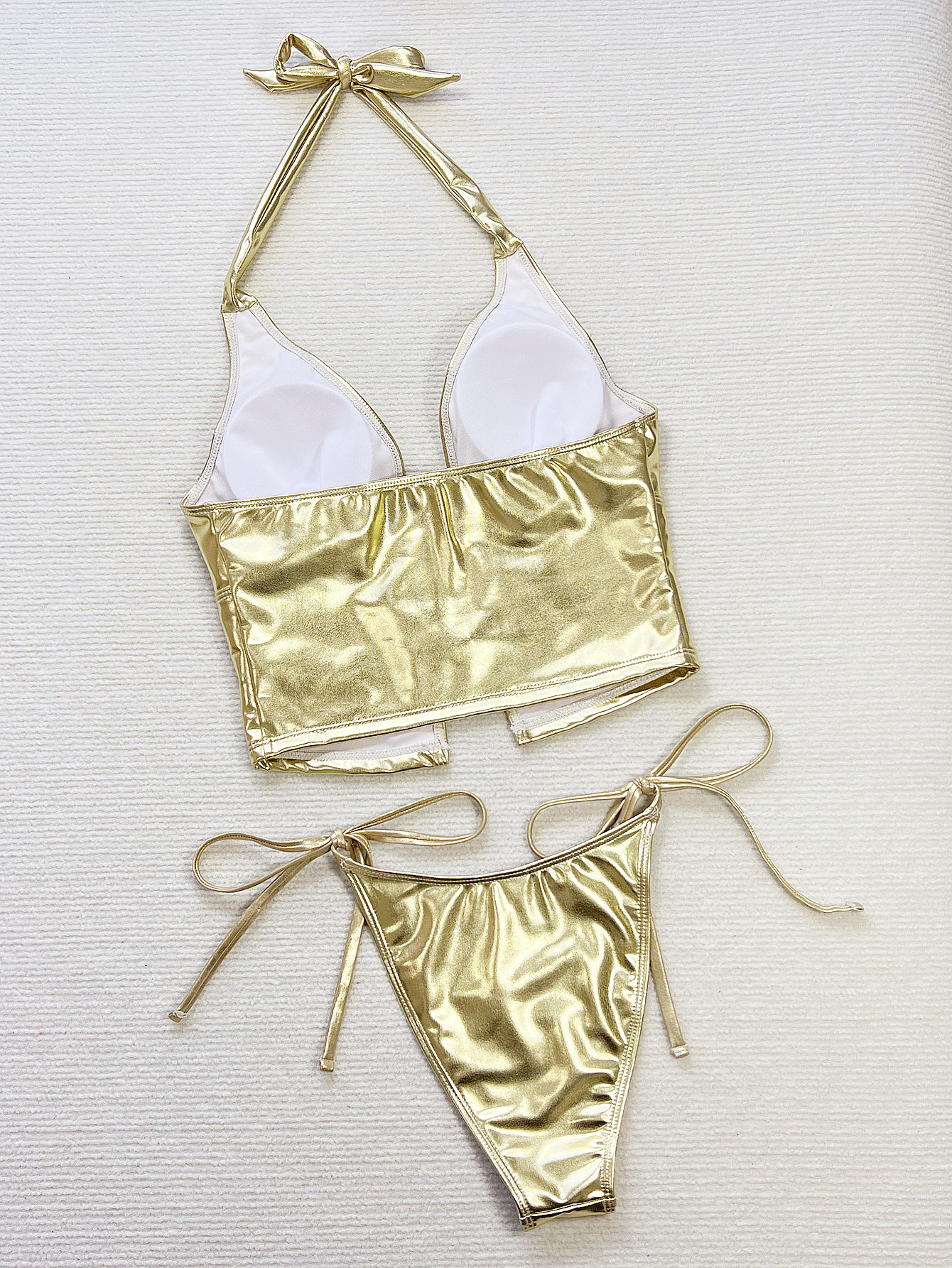 Gold Metallic Longline Halter Bikini Set with Front Cutout and Tie-Side Bottoms view 6