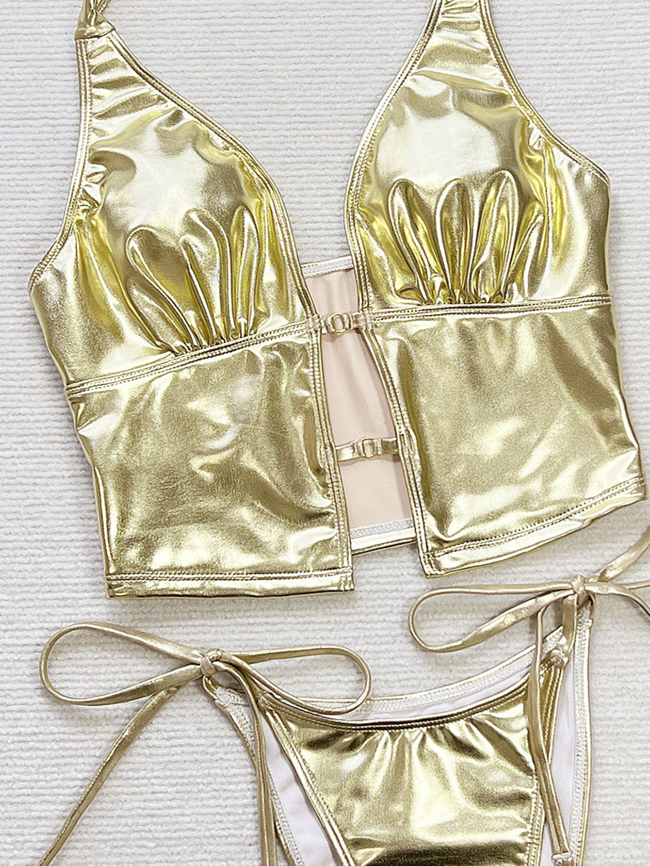 Gold Metallic Longline Halter Bikini Set with Front Cutout and Tie-Side Bottoms view 7