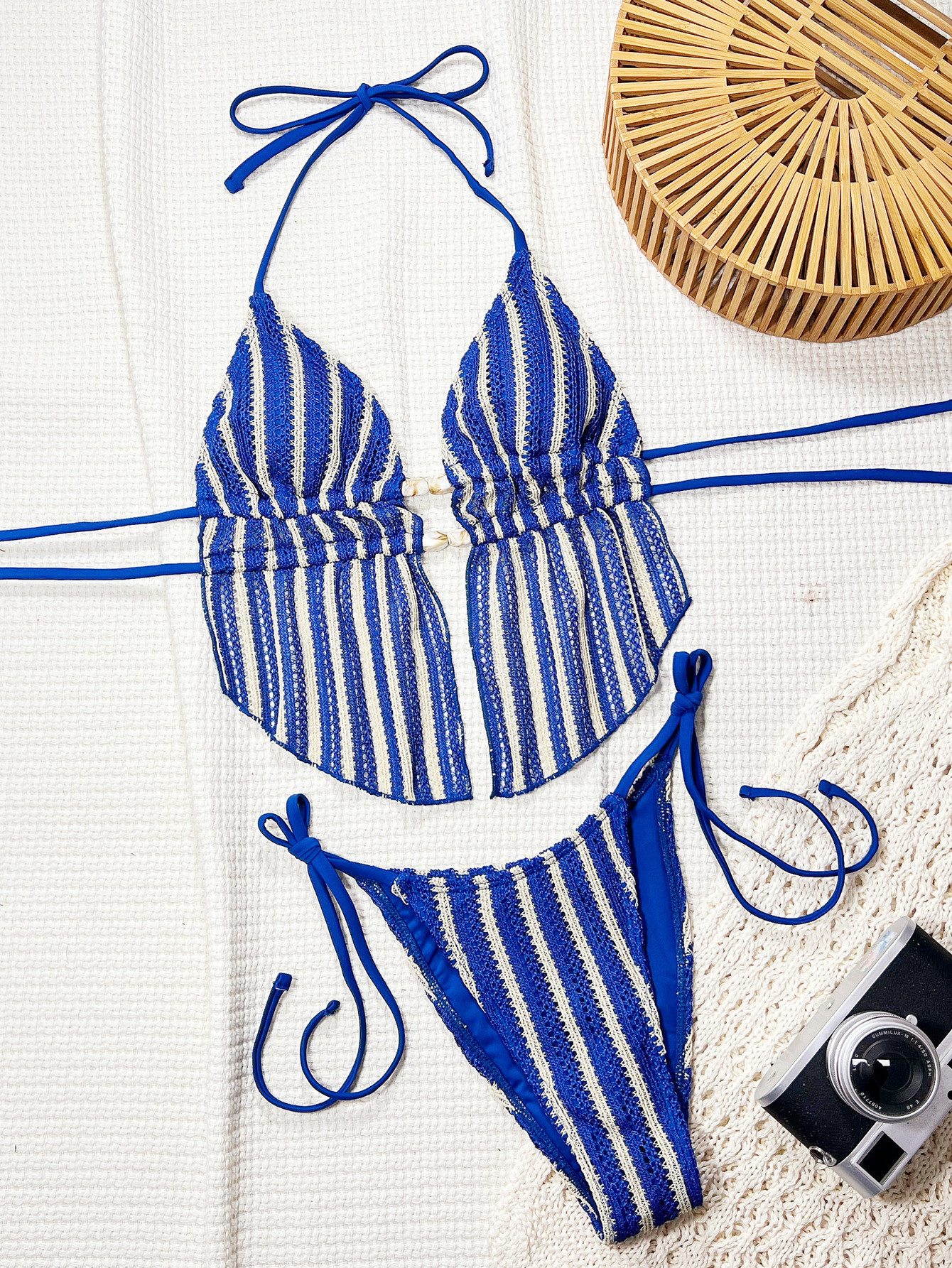 Blue and White Striped Halter Peplum Bikini Set with Beaded Front view 3
