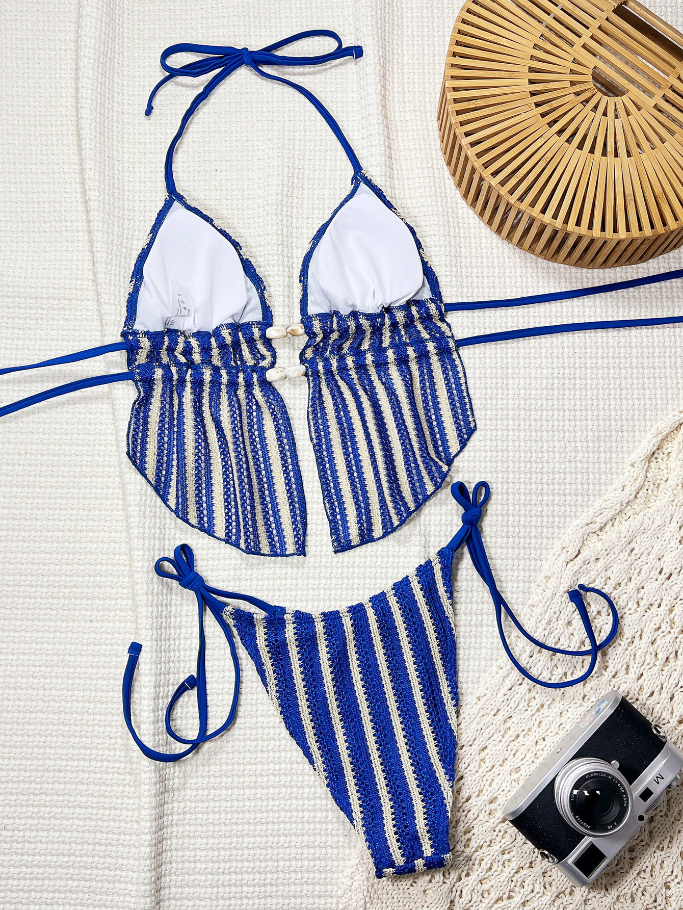 Blue and White Striped Halter Peplum Bikini Set with Beaded Front view 4