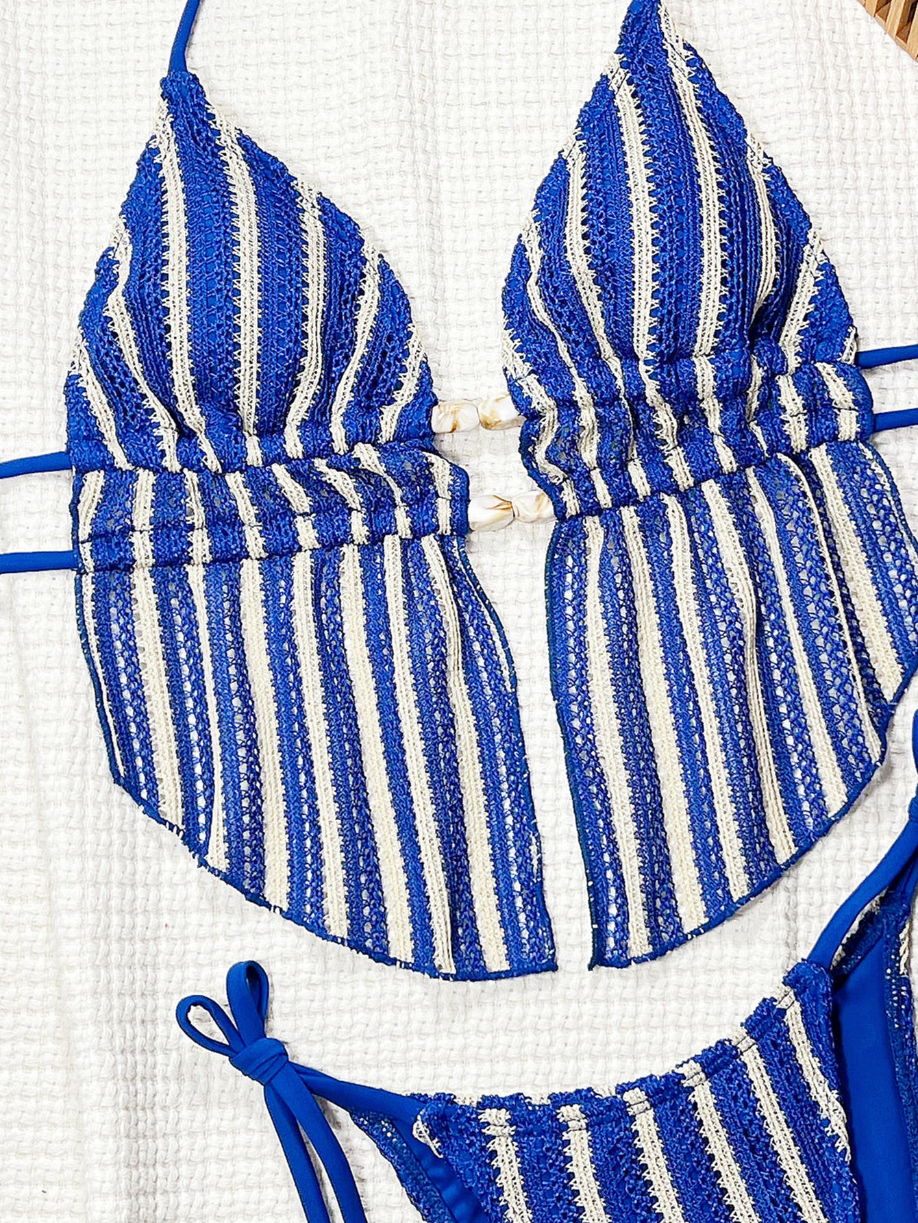 Blue and White Striped Halter Peplum Bikini Set with Beaded Front view 5