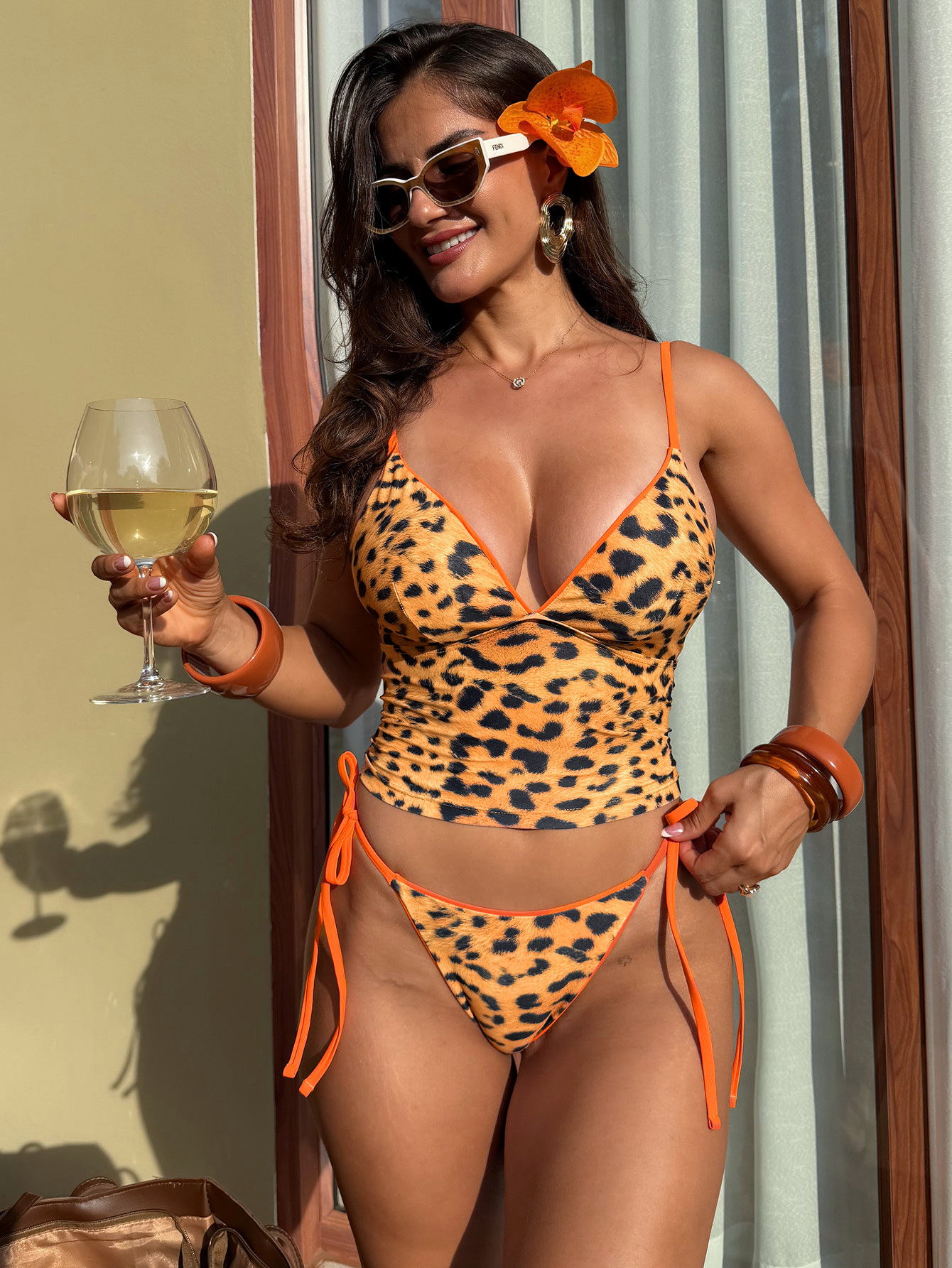 Leopard Print Longline V-Neck Bikini Set with Orange Trim Tie-Side Bottoms