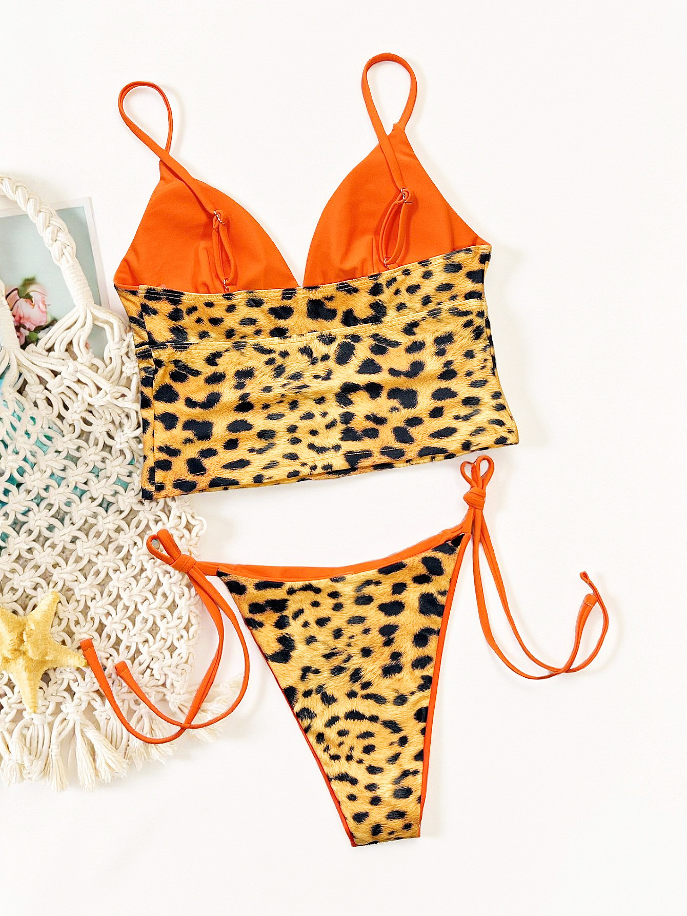 Leopard Print Longline V-Neck Bikini Set with Orange Trim Tie-Side Bottoms view 6