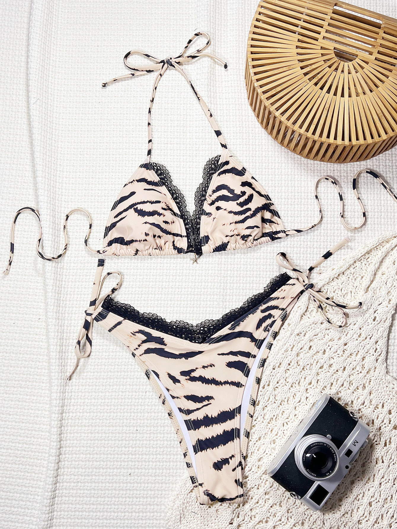 Blush Animal-Print Halter Triangle Bikini with Lace and Side-Tie Bottoms view 6