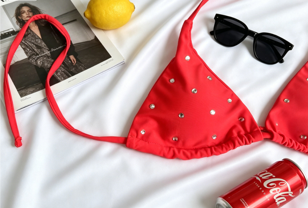 Studded Triangle Halter Bikini Set with Tie-Side String Bottoms view 10