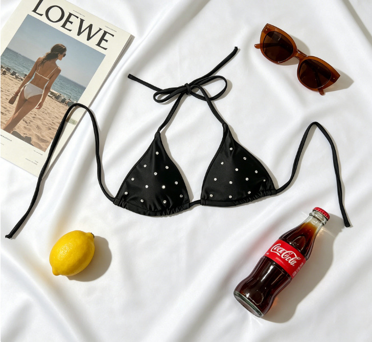 Studded Triangle Halter Bikini Set with Tie-Side String Bottoms view 15