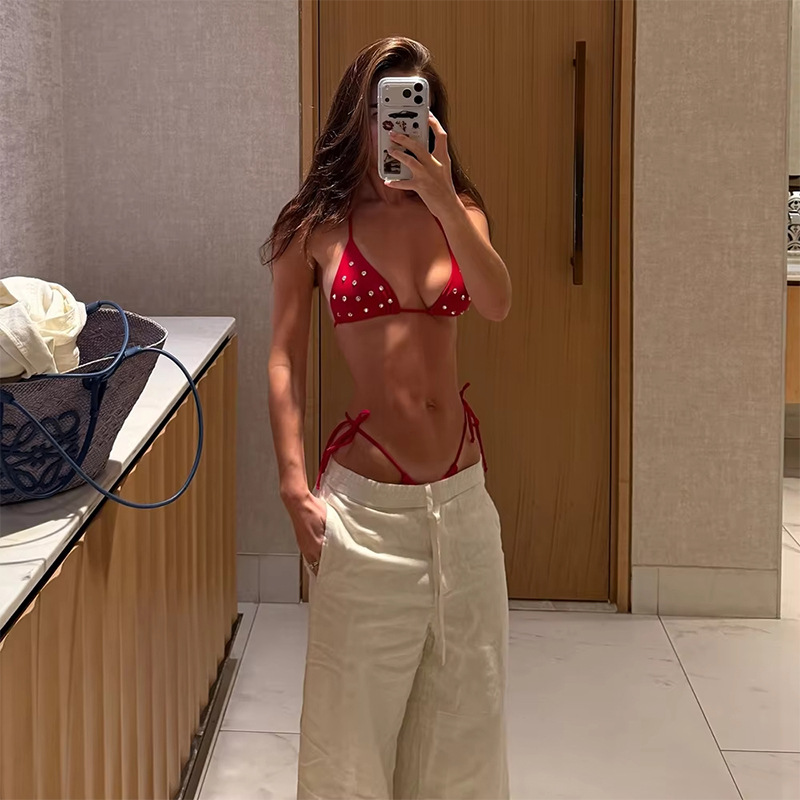 Studded Triangle Halter Bikini Set with Tie-Side String Bottoms
