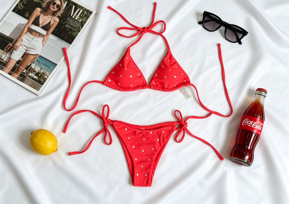 Studded Triangle Halter Bikini Set with Tie-Side String Bottoms view 7