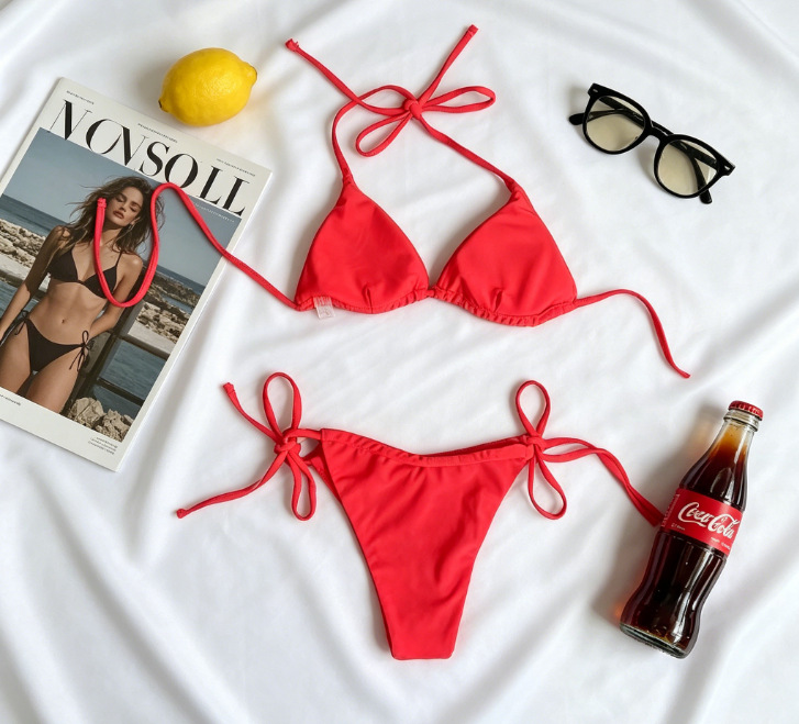 Studded Triangle Halter Bikini Set with Tie-Side String Bottoms view 8
