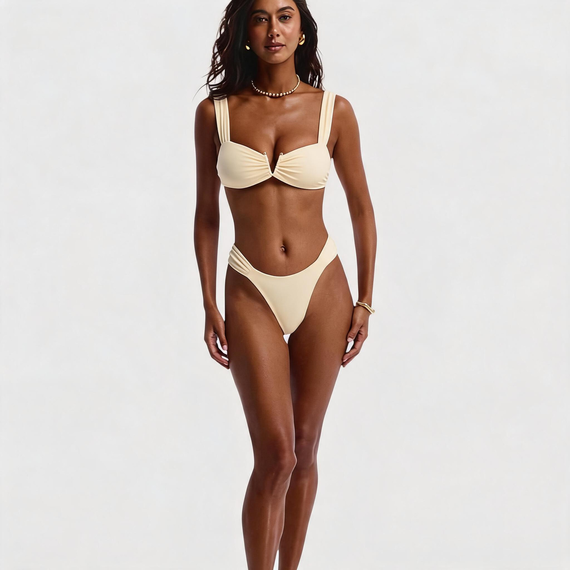 Wide-Strap Ruched Bikini Set with Center Ring and High-Cut Bottom