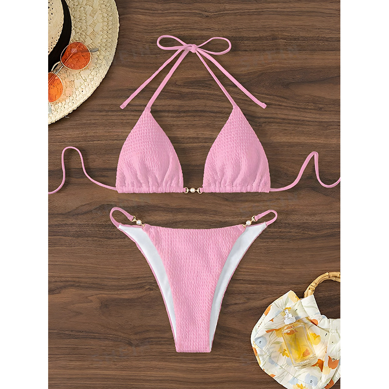 Halter Triangle Bikini Set with Center Ring and High-Cut Bottoms view 7