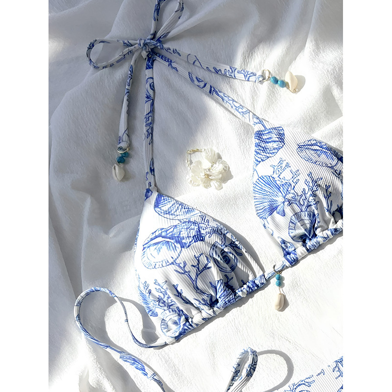 Triangle Halter Bikini Set with Tie-Side Bottoms and Shell Charms view 12