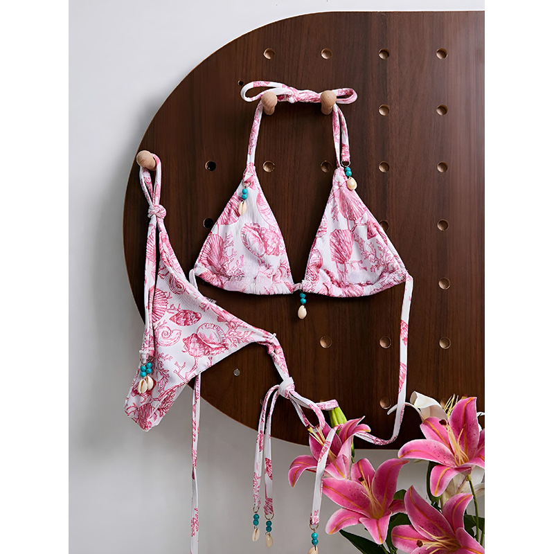 Triangle Halter Bikini Set with Tie-Side Bottoms and Shell Charms view 4