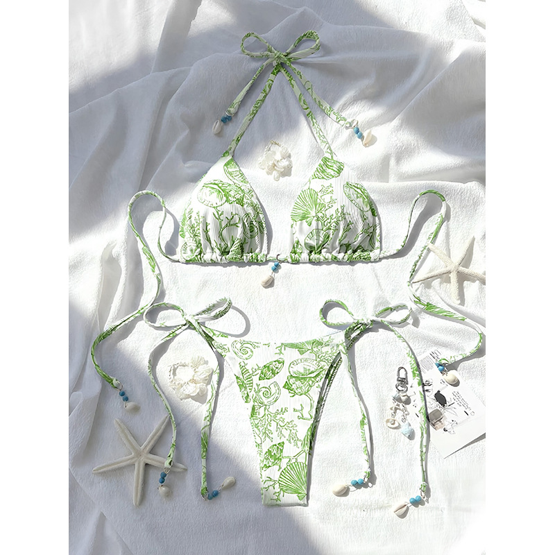 Triangle Halter Bikini Set with Tie-Side Bottoms and Shell Charms view 5