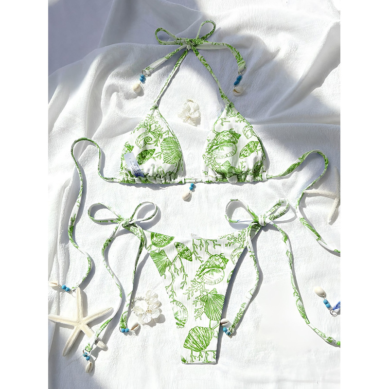 Triangle Halter Bikini Set with Tie-Side Bottoms and Shell Charms view 7