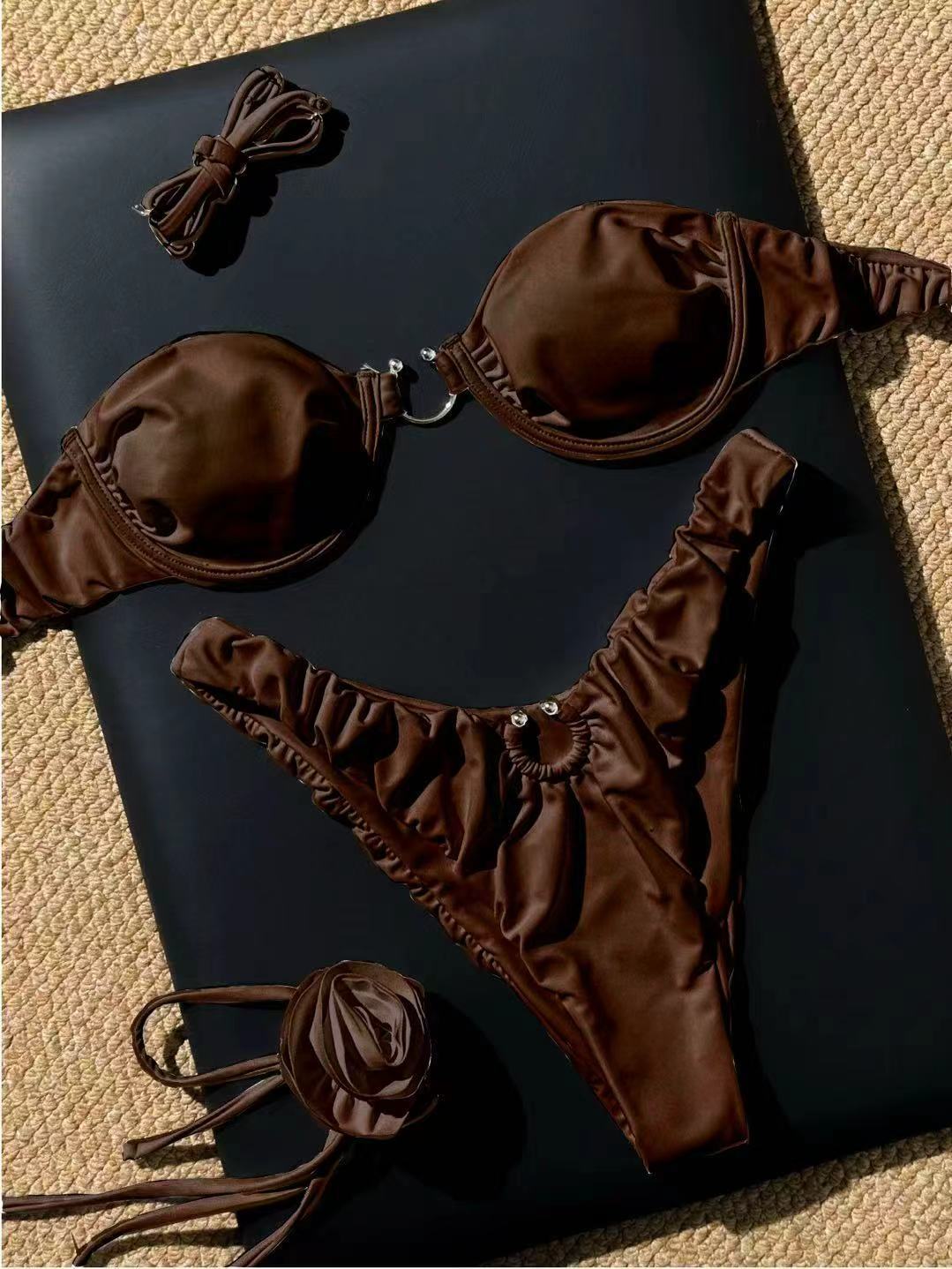 O-Ring Ruched Underwire Bikini Set with Rosette Thigh Harness
