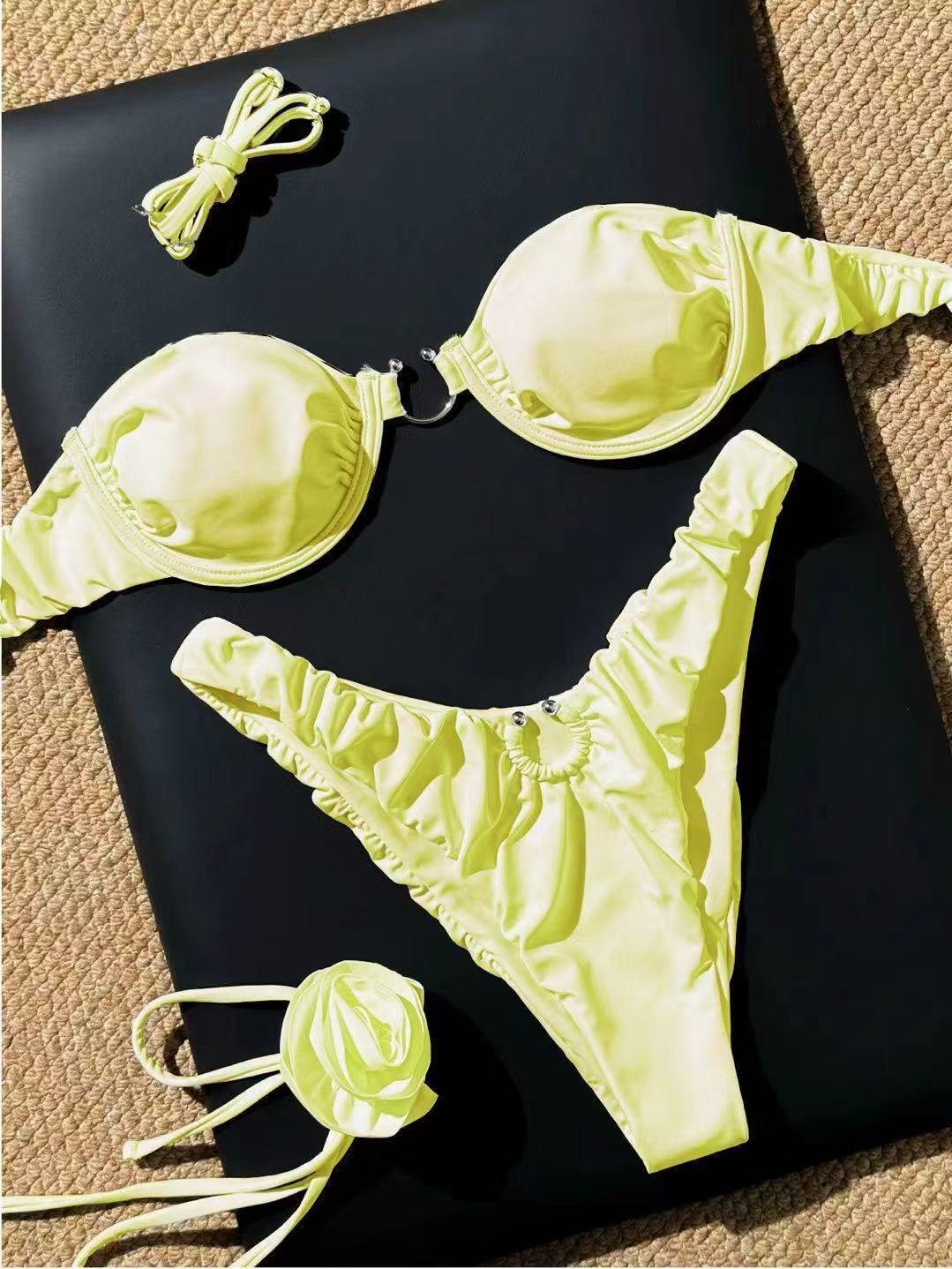 O-Ring Ruched Underwire Bikini Set with Rosette Thigh Harness view 4