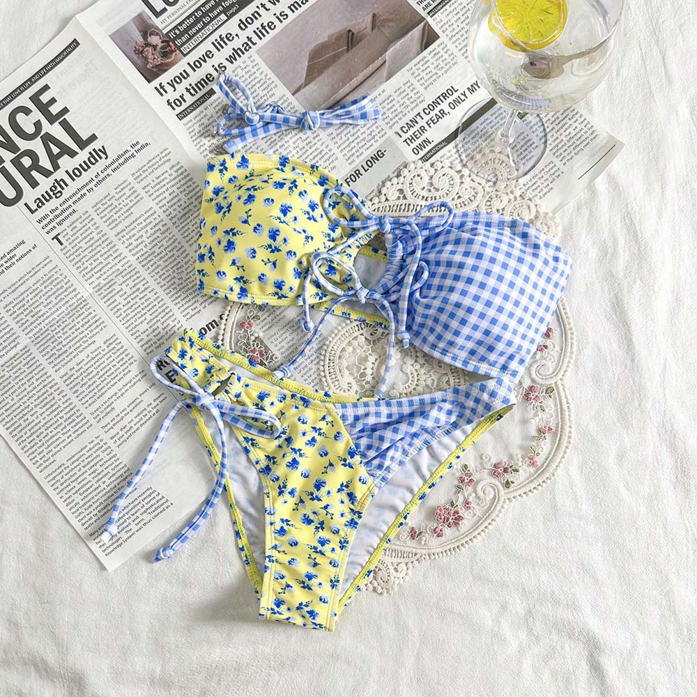 Straight-Neck Bandeau Bikini Set with Center Tie and Side-Tie Bottoms view 3