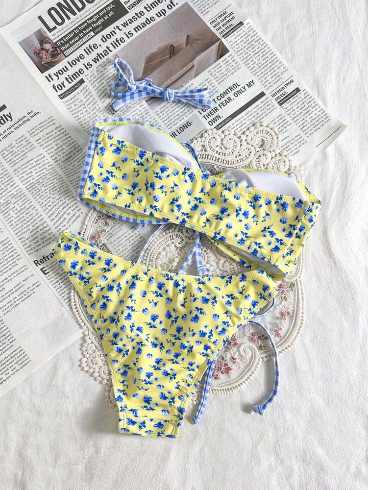 Straight-Neck Bandeau Bikini Set with Center Tie and Side-Tie Bottoms view 4