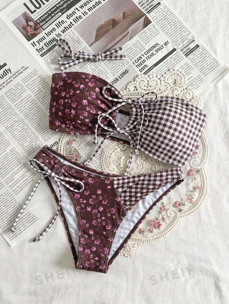 Straight-Neck Bandeau Bikini Set with Center Tie and Side-Tie Bottoms view 8