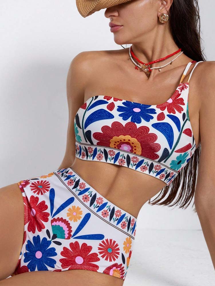Colorful Folk Floral One-Shoulder Double-Strap High-Waisted Bikini Set view 4