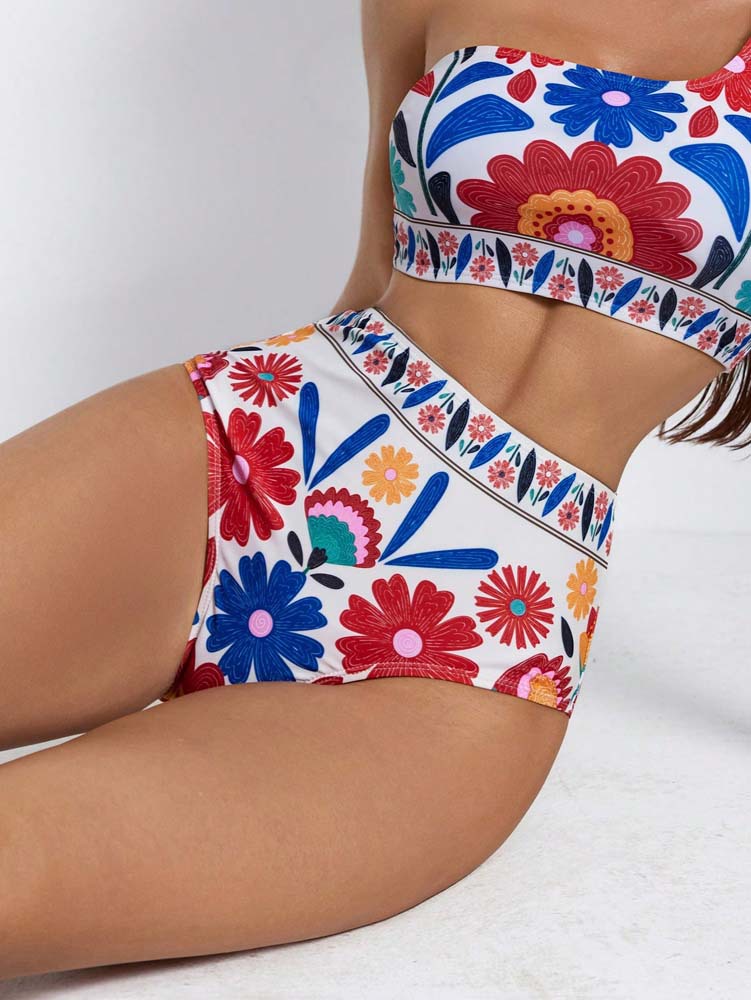 Colorful Folk Floral One-Shoulder Double-Strap High-Waisted Bikini Set view 5