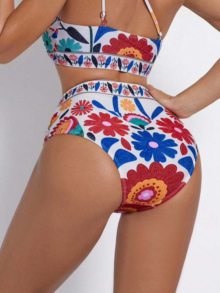 Colorful Folk Floral One-Shoulder Double-Strap High-Waisted Bikini Set view 6
