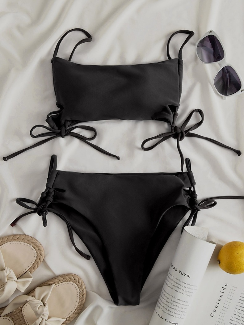 Two-Piece Bandeau Bikini Set with Side-Tie Top and High-Waisted Bottoms