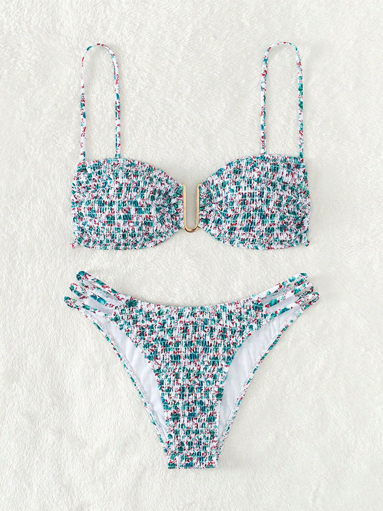 Women’s Smocked Bikini Set with Clip Front and Strappy Bottoms