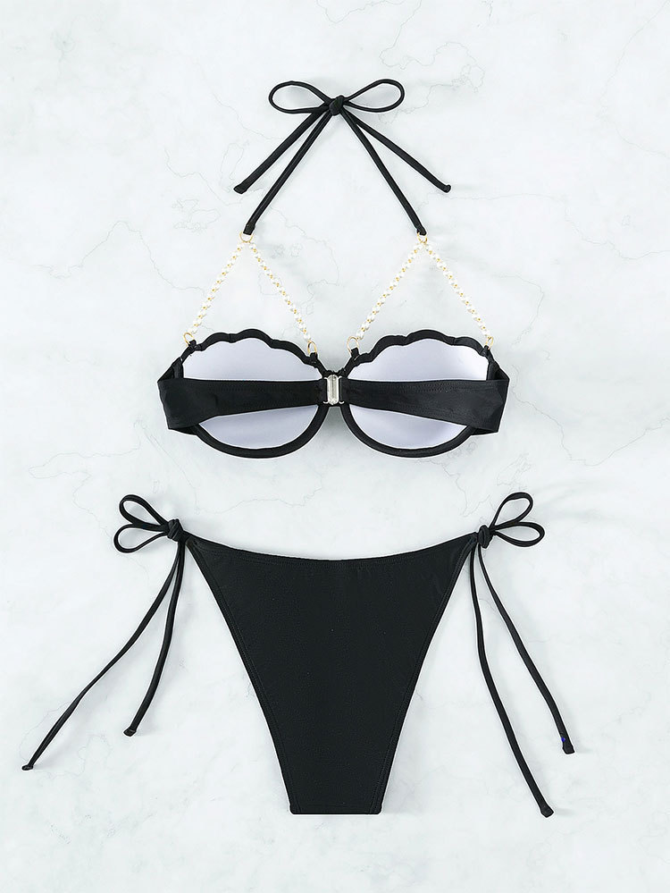 Women's Pearl Strap Shell Cup Tie-Side Bikini Set view 4