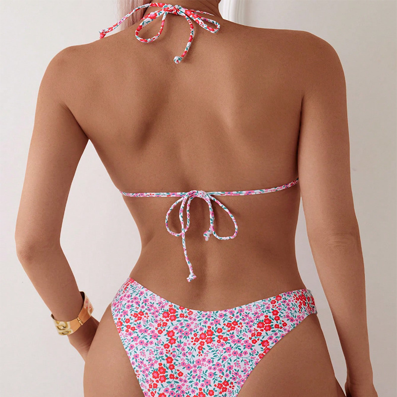 Women's Triangle Halter Bikini Set with Tie Back and Cheeky Bottom view 25
