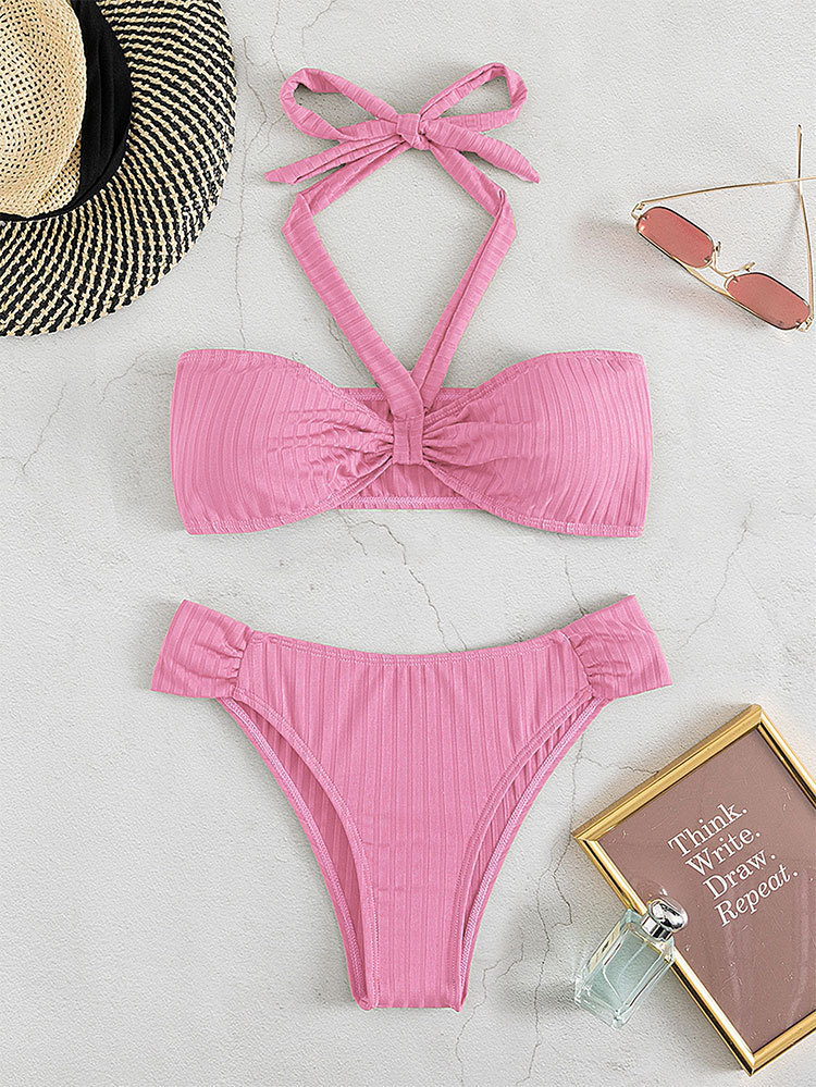 Halter Neck Twist Front Bandeau Bikini Set with High Waist Bottom view 3