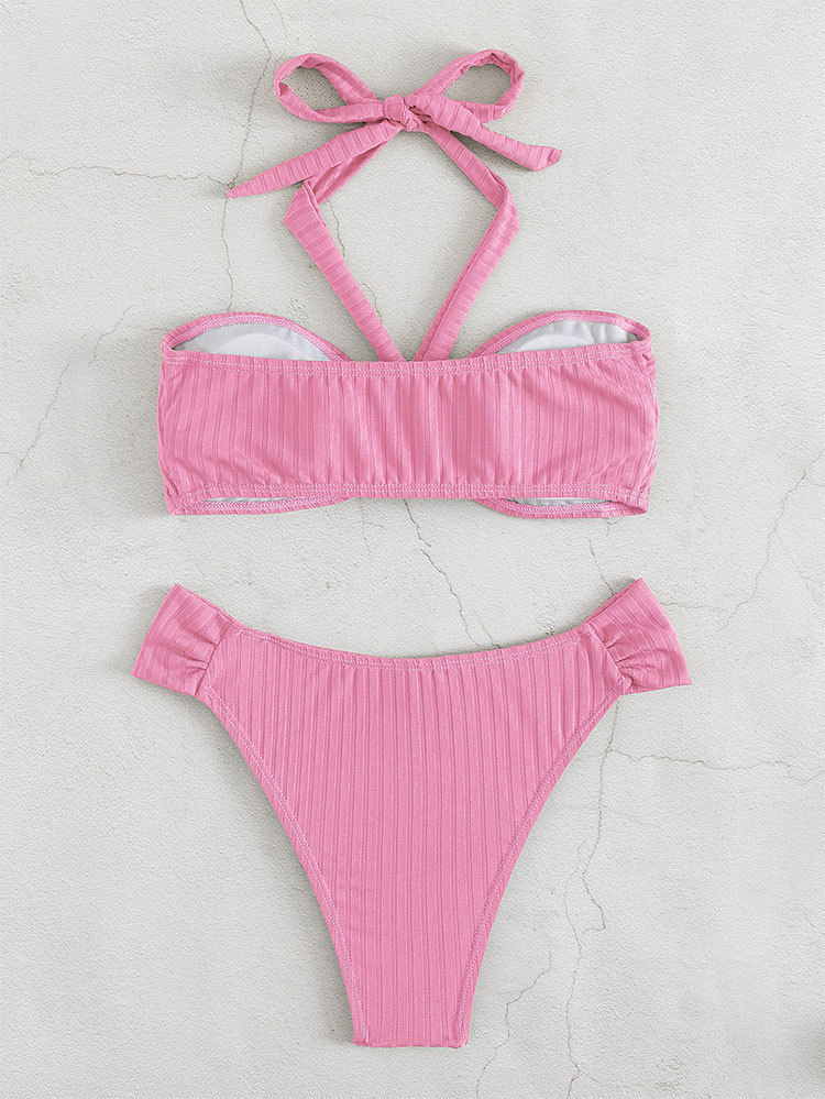 Halter Neck Twist Front Bandeau Bikini Set with High Waist Bottom view 4