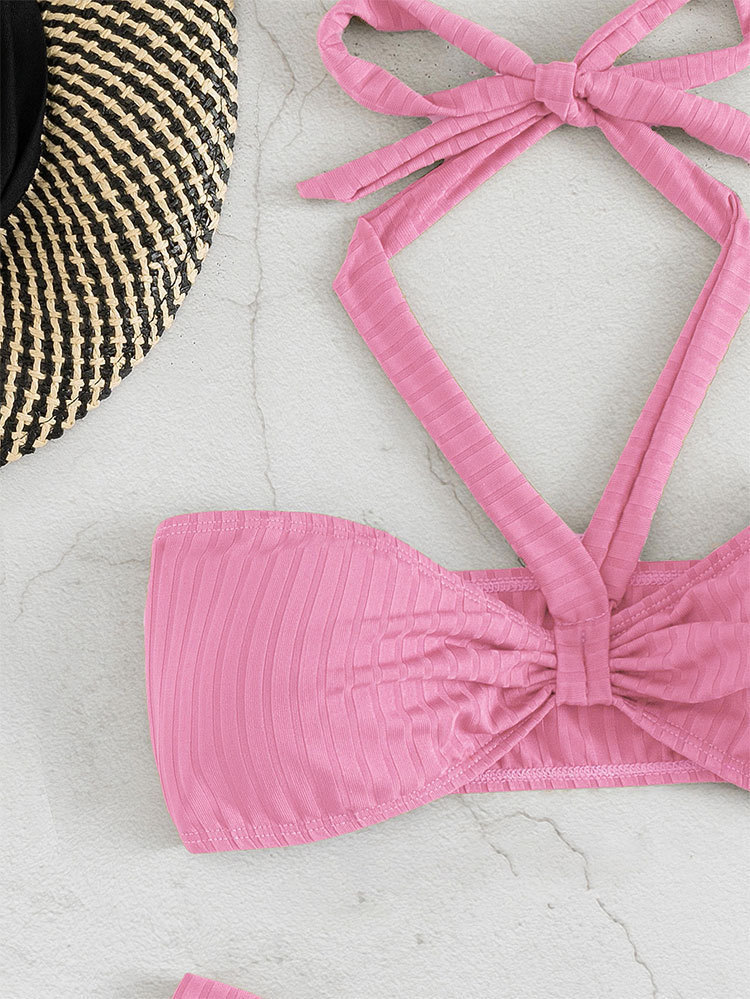 Halter Neck Twist Front Bandeau Bikini Set with High Waist Bottom view 5