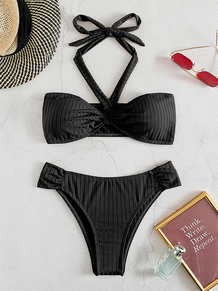 Halter Neck Twist Front Bandeau Bikini Set with High Waist Bottom view 7