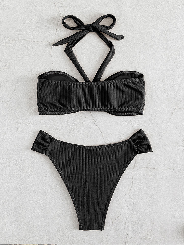 Halter Neck Twist Front Bandeau Bikini Set with High Waist Bottom view 8