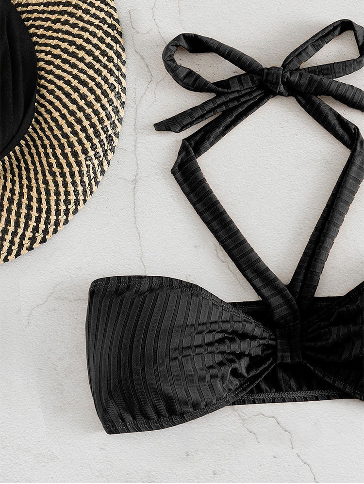 Halter Neck Twist Front Bandeau Bikini Set with High Waist Bottom view 9