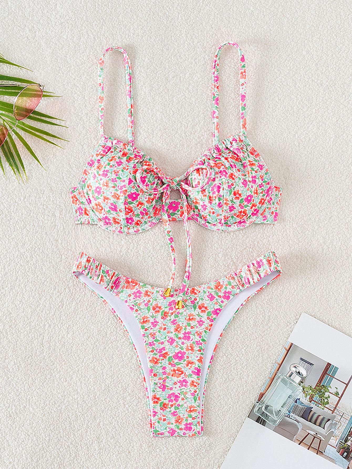 Tie Front Underwire Bikini Set with High Cut Bottoms view 4
