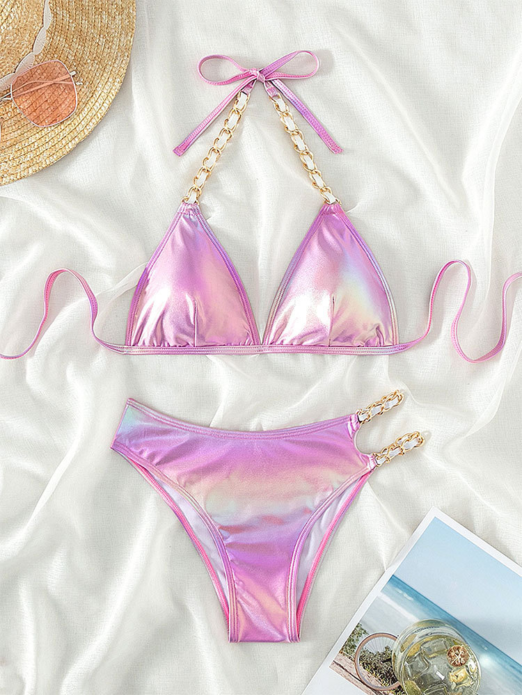 Halter Triangle Bikini Set with Chain Detail