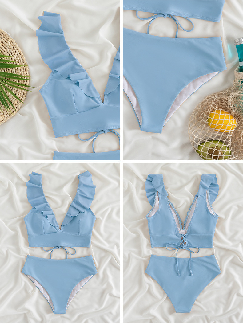 Ruffled Shoulder Deep V-Neck High-Waist Bikini Set view 7